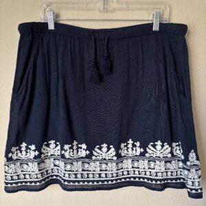 Garnet Hill XL Organic Cotton Embroidered Hem Elastic Waist Skirt